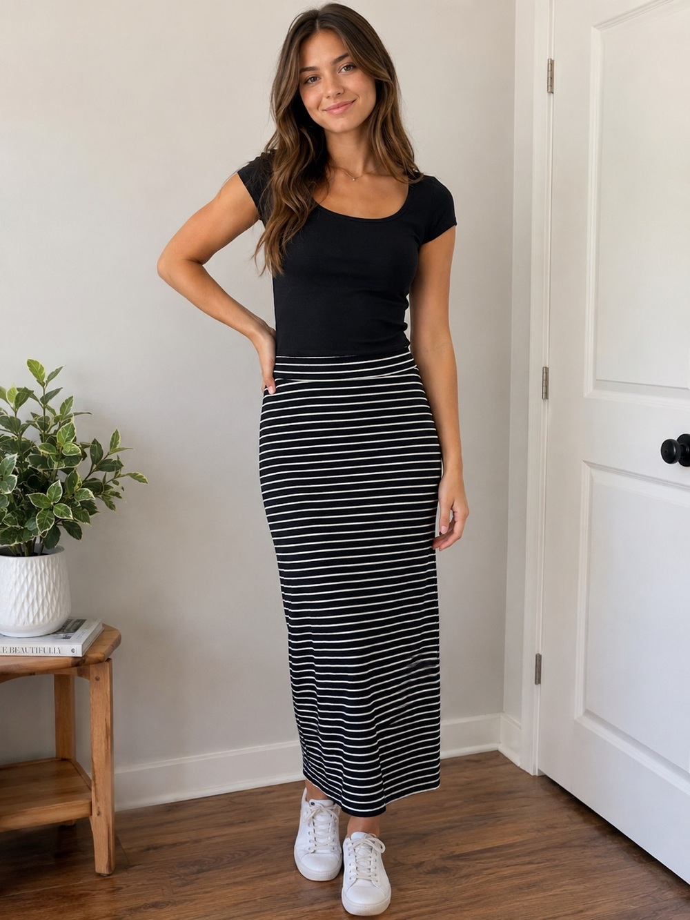 Old Navy Black White Striped Maxi Pencil Skirt | Size Large
